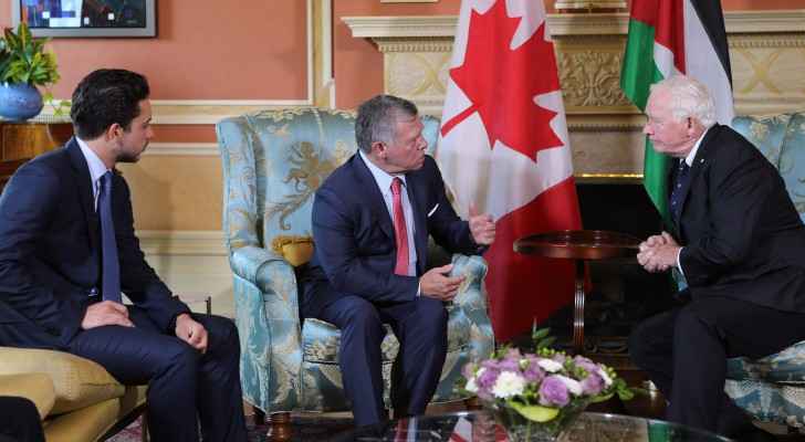 The King meeting Governor General David Johnston, accompanied by Crown Prince Hussein.