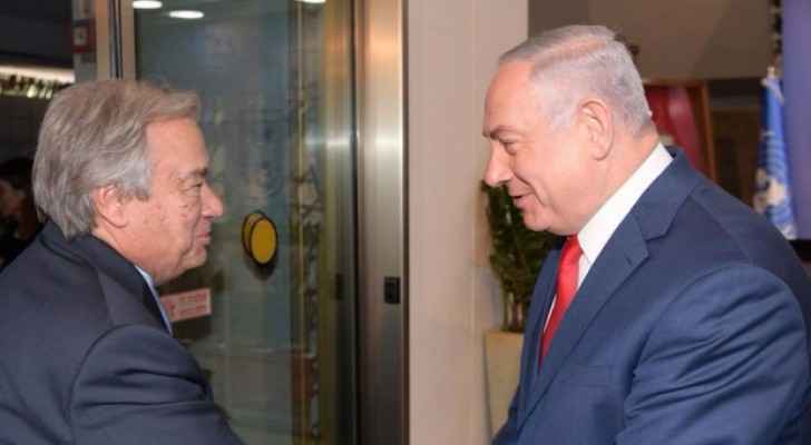 Prime Minister Benjamin Netanyahu (R) welcoming UN Secretary General Antonio Guterres to the Prime Minister's Office in Jerusalem, August 28, 2017. (G