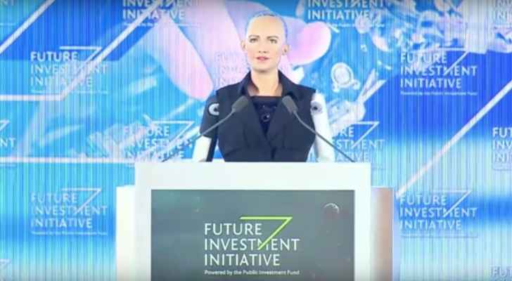 Sophia makes her speech at the Future Investment Initiative conference. (YouTube)