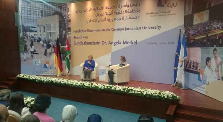 Angela Merkel meets students of the German Jordanian University. (Roya English)