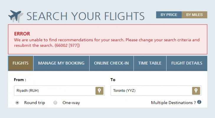 Searching for flights to Toronto returns error. (Saudia Airline Website)