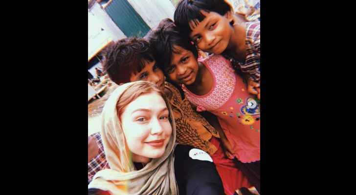 Gigi Hadid at the Jamtoli Refugee Camp, Cox’s Bazar, Bangladesh. (Instagram)