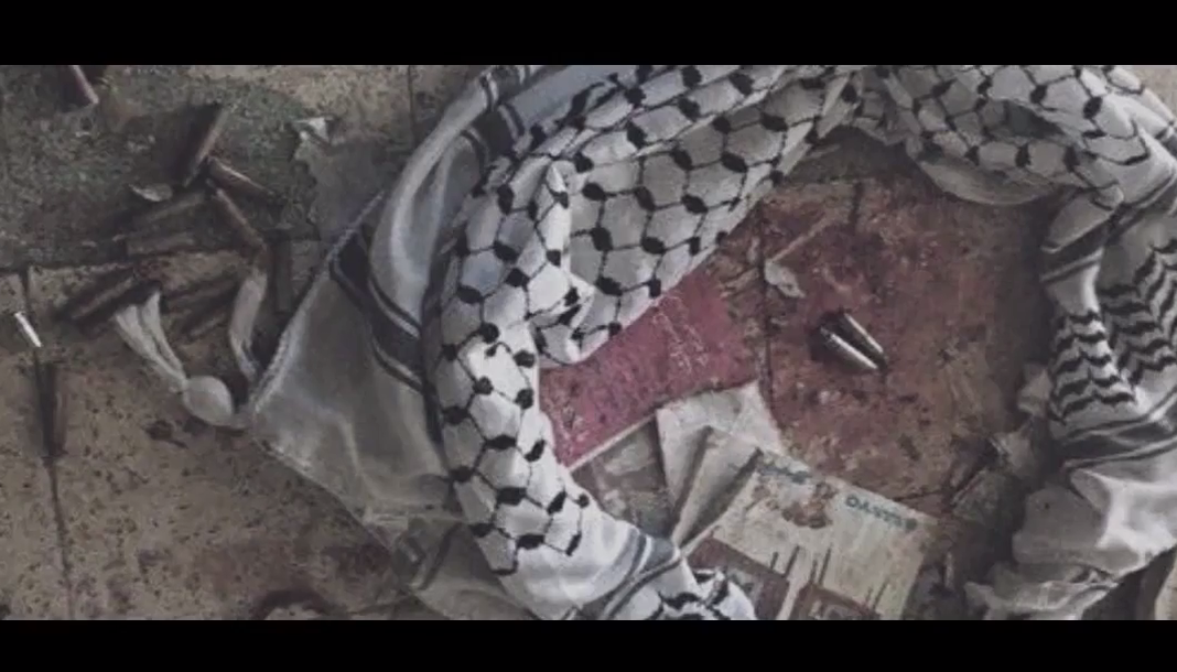 Footage shows bullets and a kuffiyeh on a blood-stained floor