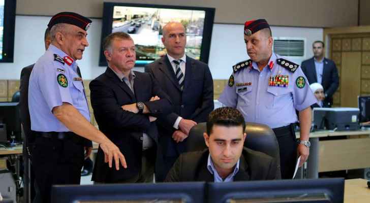 King Abdullah visits the Public Security Department on Monday. (Petra) 