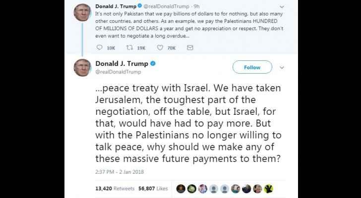Trump tweets late Tuesday threatening Palestinians to cut aids.