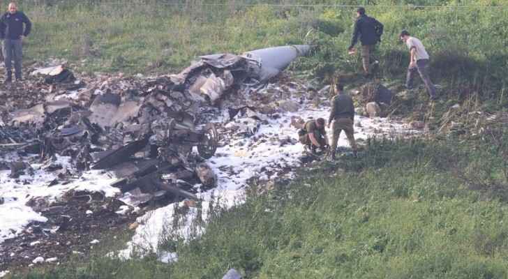 The Israeli F-16 jet wreckage after it was brought down by Syrian fire. (Facebook)