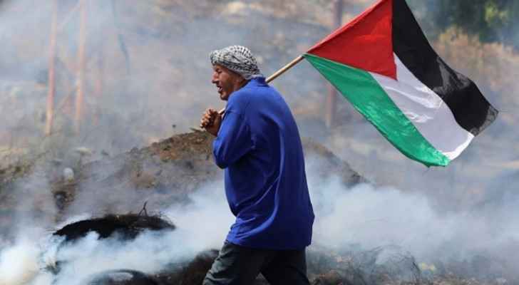 Palestinian holding his country's flag amidst destruction. 